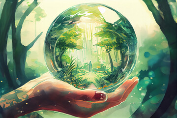 Wall Mural - Hands Holding Globe Glass In Green Forest - Environment Concept. Generative Ai