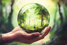 Hand Holding Glass Globe Ball With Tree Growing And Green Nature Blur Background. Eco Concept. Generative Ai