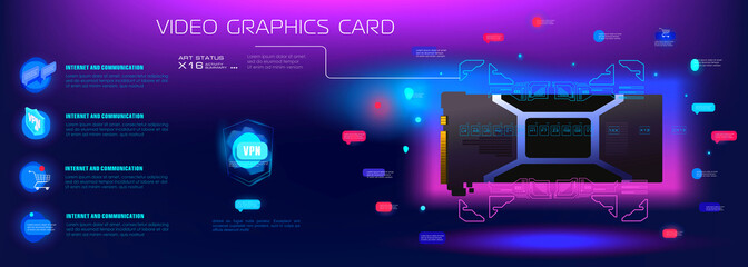 Poster - futuristic cyber banner with game video card. layout with presentation computer model video card. re