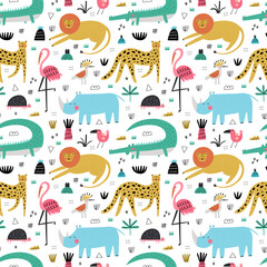 Cute seamless pattern with hand drawn african safari