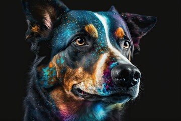 Portrait face of an dog with colors painting in face, isolated on black, generative AI