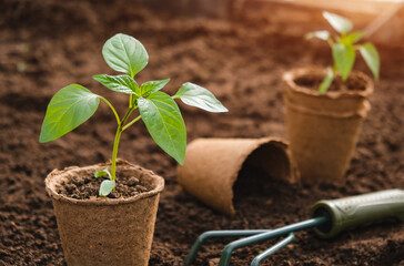 Gardening tools and seedlings on soil. Spring in the garden