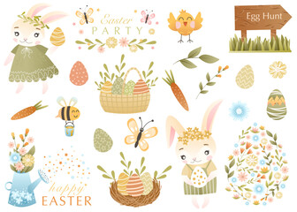 Spring and easter collection of cute bunnies, flowers, quotes, eggs and decorative elements. Perfect for poster, card, scrapbooking , tag, invitation, sticker kit. Hand drawn vector illustration