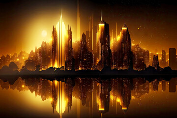 Canvas Print - golden towers and buildings of glowing city skyline night, generative ai