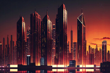 Canvas Print - expensive high-rise buildings in sunset light city skyline night, generative ai