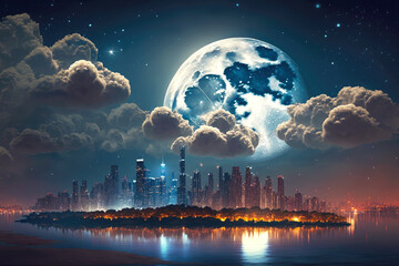 Canvas Print - beautiful twinkling city skyline night against backdrop of moon with clouds, generative ai