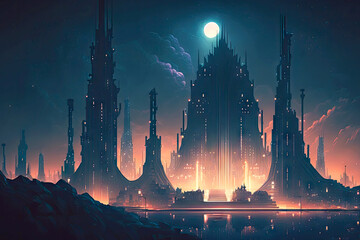 Canvas Print - mystical cities of future with high buildings and city skyline night, generative ai