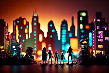 Canvas Print - bright toy figures depicting buildings in cityscape of lights city skyline night, generative ai