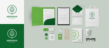 Corporate Identity Template In Green Colors With Minimal Style Leaf Logo For Branding Eco Market, Clinic, Cosmetology Salon Or Wellness Company. Folder And Business Cards, Bag And Envelope Mockup Set