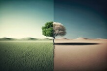 Tree In The Distance With Clean Empty Conceptual Landscape Divided Between Nature And Desert. Generative AI