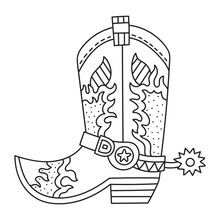 Traditional American Cowboy And Cowgirl Boots With Spurs. Western And Wild West Element. Flame Design. Coloring Page For Kids. Cartoon Vector Illustration. Isolated On White. Black Lines. Outlined