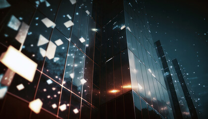 Wall Mural - Skyscrapers at night, dark building facade, city lights reflection on glass. Generative AI