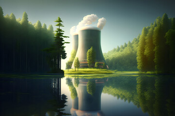 Nuclear power for the future, A futuristic and hopeful depiction of a nuclear power plant in a lush green landscape. Generative AI