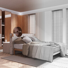 Architect interior designer concept: hand-drawn draft unfinished project that becomes real, contemporary wooden bedroom and bathroom. Modern style