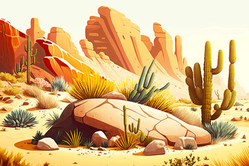 desert landscape with cactus and sand dunes large rocks on desert ground, generative ai