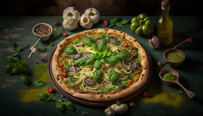 Wall Mural - Delicious Pesto Genovese Pizza. Concept promotional flyer and poster for Restaurants or pizzerias - Generative AI