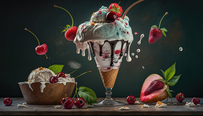 Wall Mural - Delicious Ice Cream with Cherry and Vanilla flavor and fresh ingredients - Generative AI