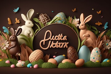 3d Easter banner with chocolate rabbits and beautifully painted eggs. Concept of Easter egg hunt or egg decorating art, AI generated