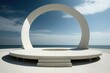 An empty concrete stage with a white, circular platform. View from a plaza overlooking the ocean, under a blue sky. Generative AI