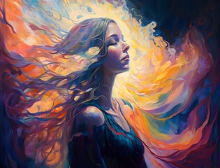 young woman with colorful background. concept of creativity, mindfulness and spirituality. generativ