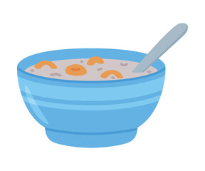 Poster - Blue Ceramic Bowl with Porridge and Spoon as Tasty Breakfast or Brunch Vector Illustration