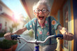 An cute happy and smiling granny man ride the bicycle - AI generative