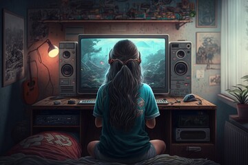 Wall Mural - Girl playing old video game in bedroom, Back to back child in old playroom, Generative AI