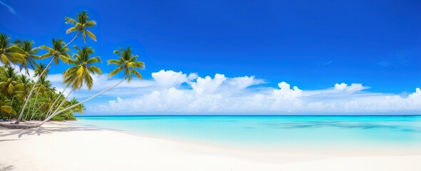 panoramic tropical beach with palm trees generative ai