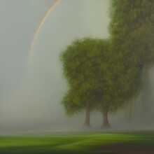 Oil Painting Of A Large Building. There Are Lots Of Ivy And Big Trees Surrounding The Building. Fog And Rainbows. - Generative Ai