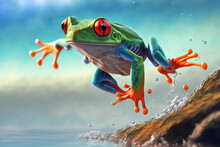 Happy Frog Jumping Into The Sea. Image Generated With AI.