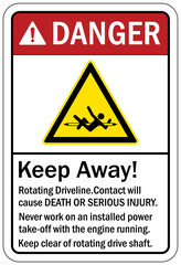 Wall Mural - Overhead crane hazard sign and labels Keep away. Rotating driveline wll cause death or serious injury