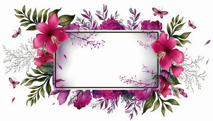 Generative AI, Watercolor frame with spring viva magenta flowers, hand drawn art style with place for text. Greeting, birthday and other holiday, wedding invitation concept