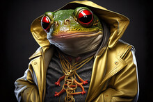 Frog In Golden Jacket With Golden Chains, Businessman,  Cool Red-eyed Tree Frog. Illustration. Generative AI.