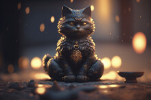  A Cat Ornament Sitting On The Floor, Bokeh Effect, Gold And Black Colors - Generated By Generative AI