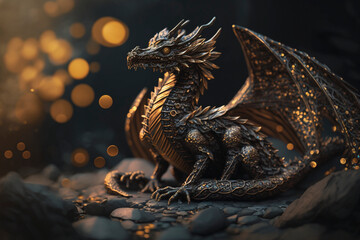 A dragon ornament sitting on the floor, bokeh effect, black and gold colors - Generated by generative AI