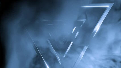 Poster - Green and gray smoke and a triangular corridor. Design. Computer graphics with flying triangles surrounded by smoke.