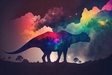 The Background Is A Rainbow Sky With A Giant Dinosaur. Generative AI