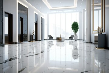 Lobby of a high end hotel or office building decorated with marble. Professional conference room with brand new tile flooring. After a skilled cleaning service, a shiny floor with reflections in a mod