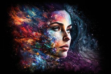 Wall Mural - double exposure of a beautiful fantasy woman and a colorful magical abstract background, generative 