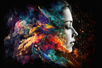 Wall Mural - double exposure of a beautiful fantasy woman and a colorful magical abstract background, generative 