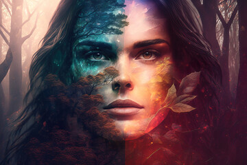 Wall Mural - double exposure of a beautiful fantasy woman and a colorful magical abstract background, generative 