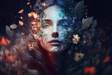 Wall Mural - double exposure of a beautiful fantasy woman and a colorful magical abstract background, generative 