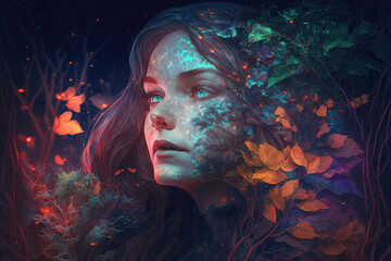 Wall Mural - double exposure of a beautiful fantasy woman and a colorful magical abstract background, generative 