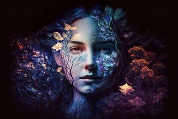 Wall Mural - double exposure of a beautiful fantasy woman and a colorful magical abstract background, generative 