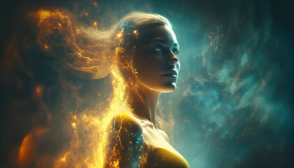 Wall Mural - magical fantasy portrait of a beautiful angel woman in the night with glowing energy lights and part