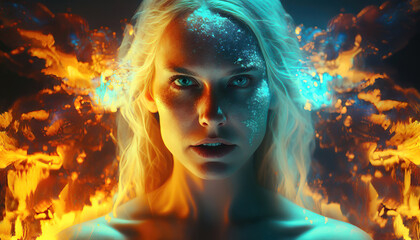 Wall Mural - magical fantasy portrait of a beautiful angel woman in the night with glowing energy lights and part