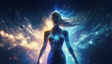 Magical Fantasy Portrait Of A Beautiful Angel Woman In The Night With Glowing  Energy Lights And Particles On An Abstract Galaxy Background, Generative Ai