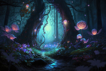 misty magical fantasy forest background with glowing  butterflies, generative ai