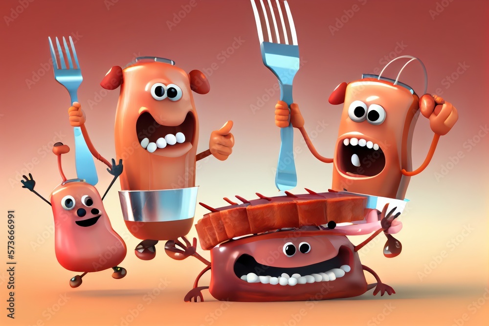 Eating Ribs Cartoom Cute Cartoon BBQ Ribs Characters 3D Illustration. Created with ...