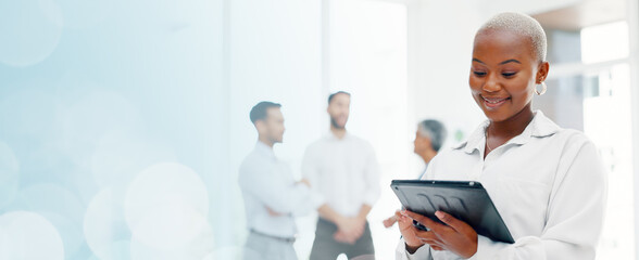 Poster - Tablet, research and planning with a business black woman at work on an innovation idea in an office. Marketing, data or calendar with a female employee checking her schedule using an internet search